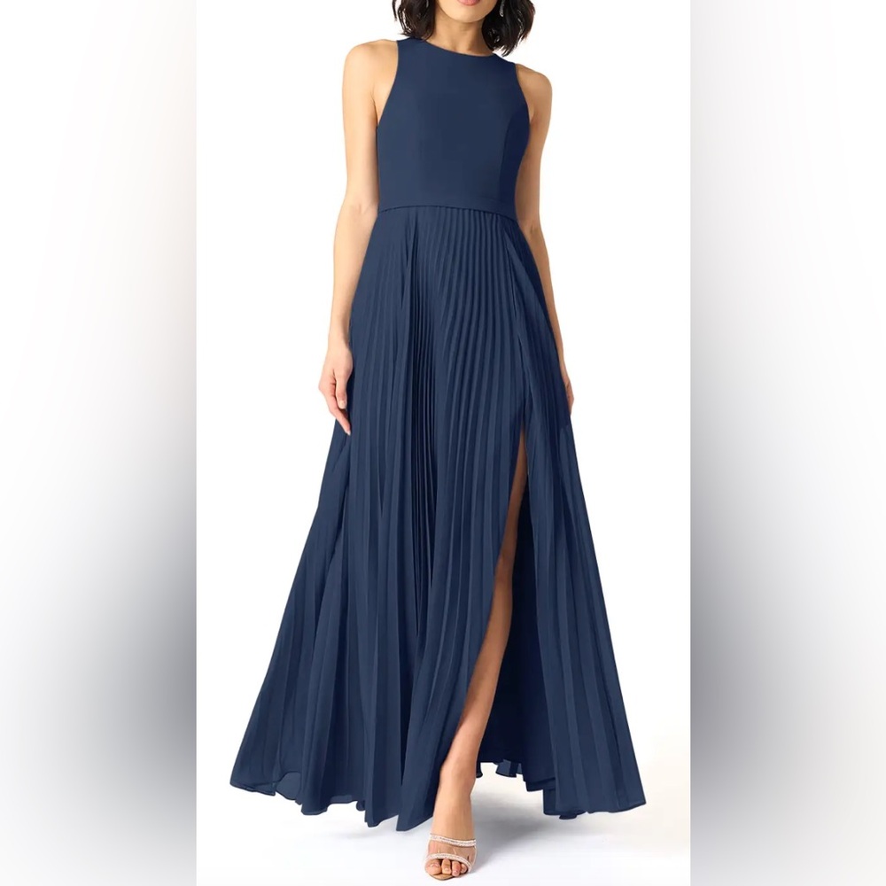 Azazie Bridesmaid Dress - S24, Dark Navy, Chiffon, Pleated Skirt w/ Slit